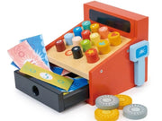 Wooden toy till with play money for children