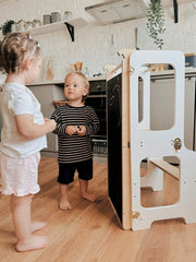 Minimalist Scandinavian-inspired learning tower for toddlers.