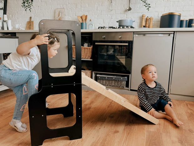 Non-toxic, child-safe wooden helper tower for everyday tasks.