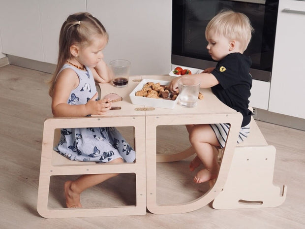 Adjustable highchair for easy height transitions.