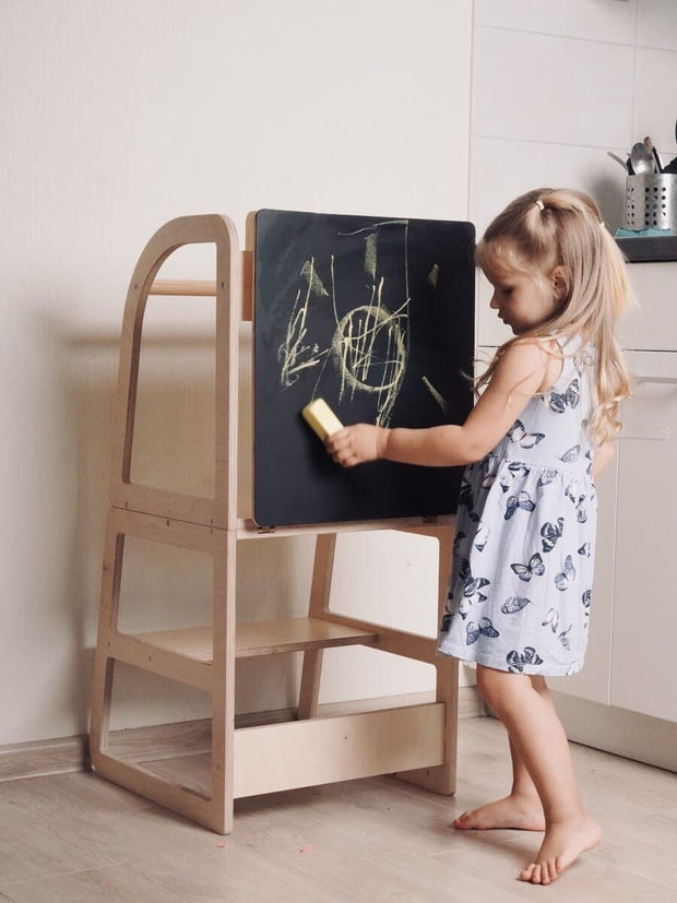 Clip-on blackboard for convenience.