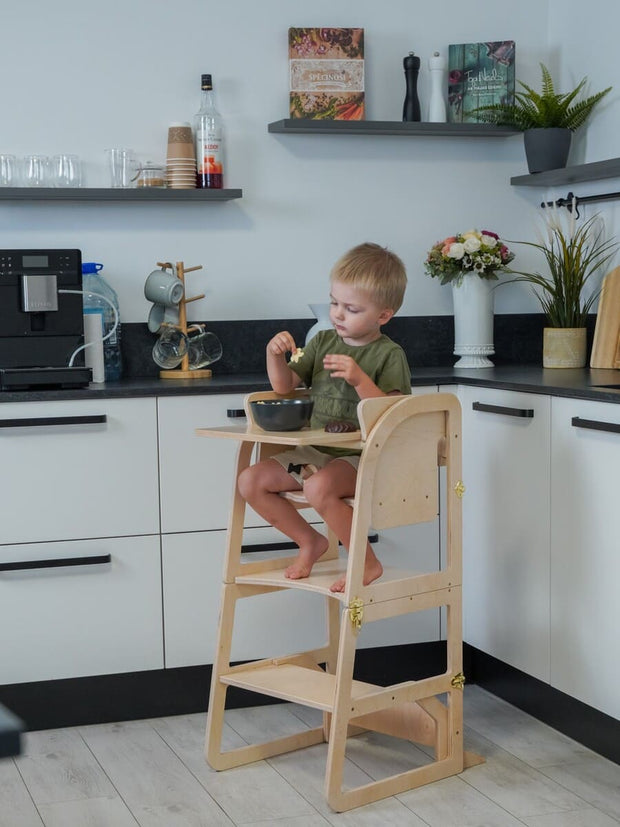 Compact, convertible tower for easy mealtime and play