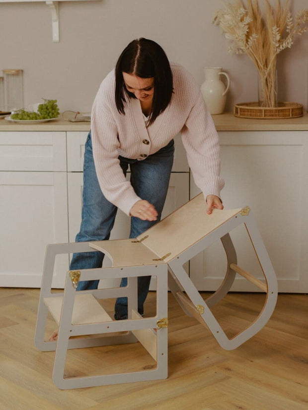 Convertible learning tower with matching table and chair