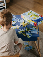 Sleek blue sensory play table.