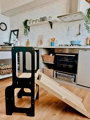 Multi-functional toddler kitchen stool for cooking, washing, and playtime.