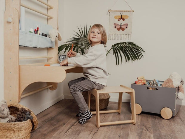 Durable table and chair add-on for Swedish wall