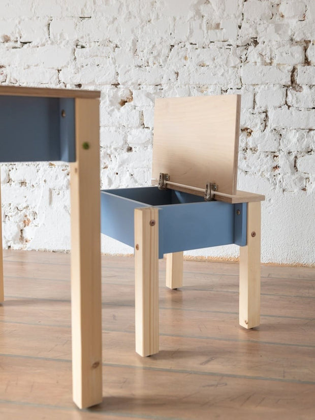 Tidy table and chair with hidden storage