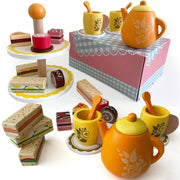 Wooden afternoon tea set with teapot and cups for kids.