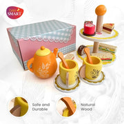 Wooden play tea set with teapot and afternoon snacks.