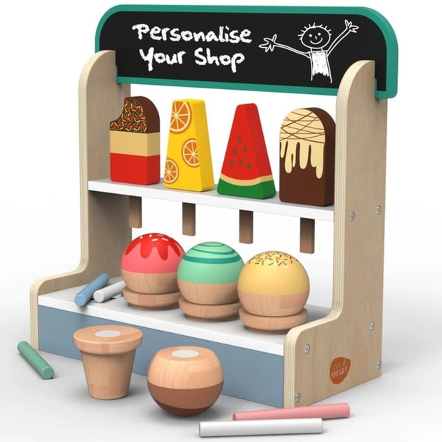 Wooden ice cream play shop with colorful toy treats.