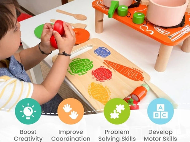 Interactive wooden kitchen playset for imaginative play