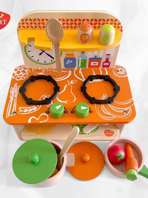 Wooden kitchen playset with stove and utensils