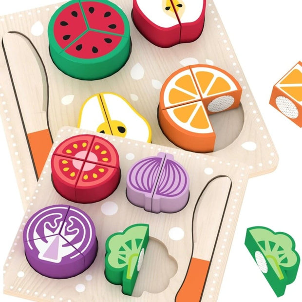 Vibrant wooden fruit and vegetables puzzle play set for toddlers.