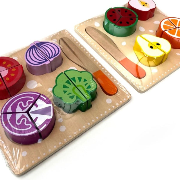 Wooden play food set featuring colorful fruit and vegetables puzzle pieces.