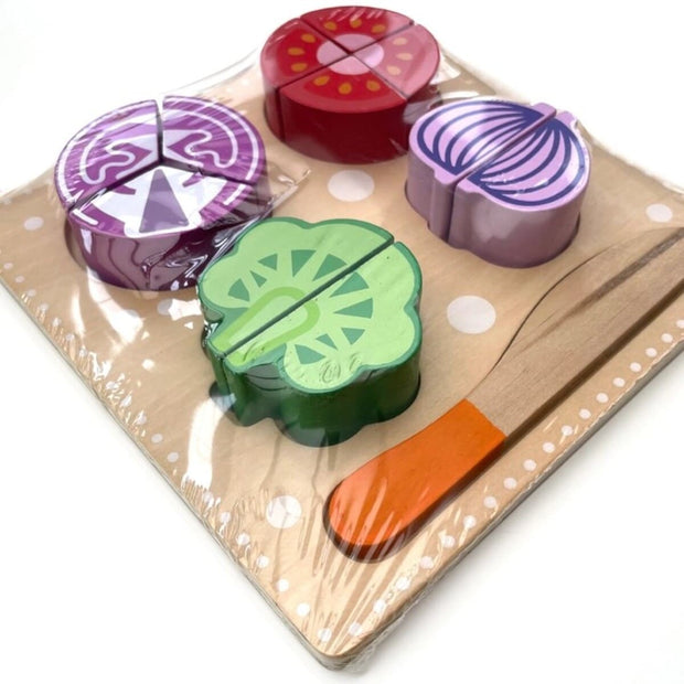 Wooden play food set for kids with detachable fruit and vegetable puzzle pieces.