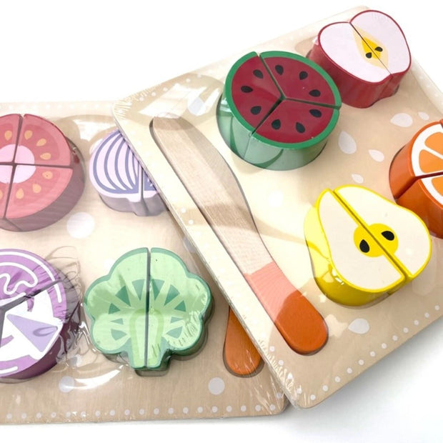 Wooden fruit and vegetables play set with puzzle board for kids.