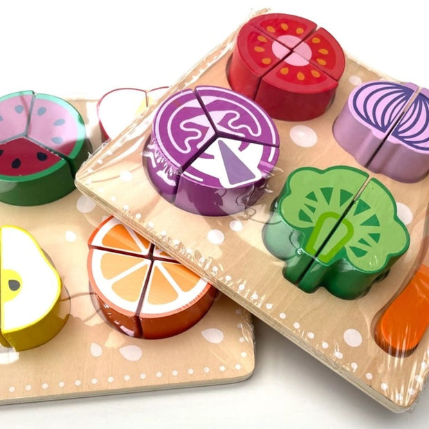 Eco-friendly wooden play food set with assorted fruits and veggies.