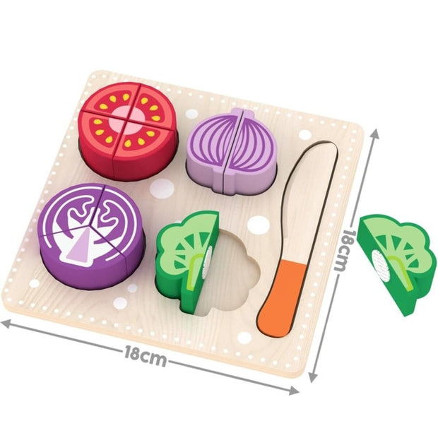 Child’s wooden puzzle set of fruit and vegetable pieces for imaginative play.