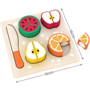 Durable wooden food puzzle set featuring fruits and vegetables for pretend play.