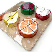 Colorful wooden fruit and vegetable puzzle play set for educational play.