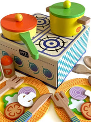 Wooden toy kitchen pans and plates set for kids