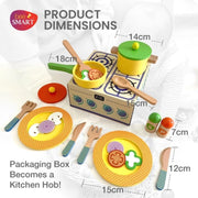 Wooden kitchen play set with toy pans and plates