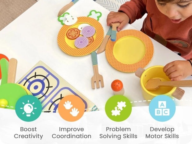 Wooden pots, pans, and plates set for imaginative play