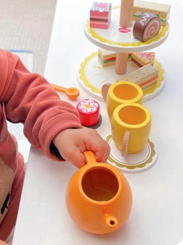 Wooden tea party set with teapot