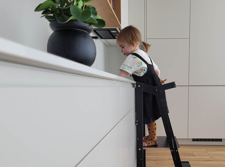 FlyingBoom Foldable Toddler Tower / Kitchen Helper Stool With Safety Net, Chalkboard & Games