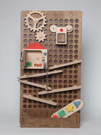 Tinker Tower Accessory Board in Dark Wood with accessories