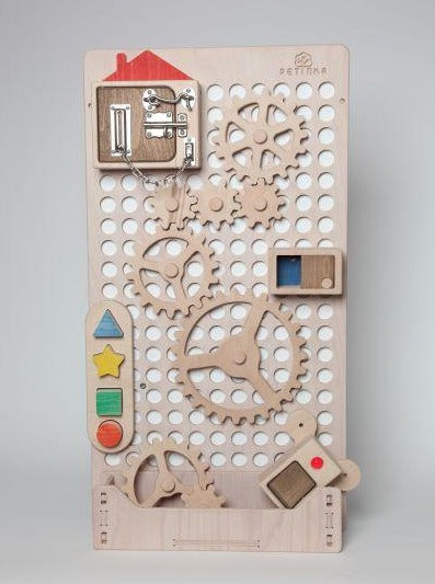 Tinker Tower Accessory Board in Light Wood with accessories