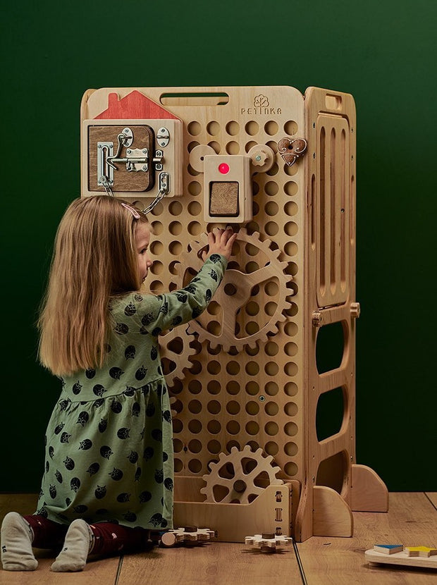 Child Playing with Tinker Tower in Natural Wood