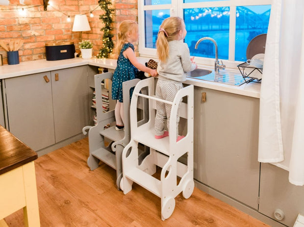 The Wheely Fun Tower learning tower kitchen helper toddler step stool white grey