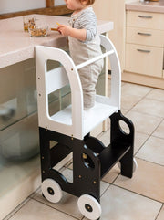 The Wheely Fun Tower convertible learning tower kitchen helper toddler step stool white black