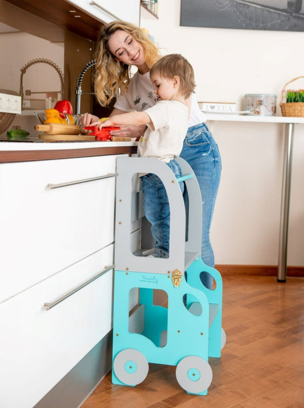 The Wheely Fun Tower convertible learning tower kitchen helper toddler step stool blue grey