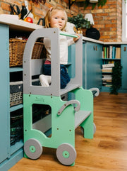 The Wheely Fun Tower convertible learning tower kitchen helper toddler step stool green grey