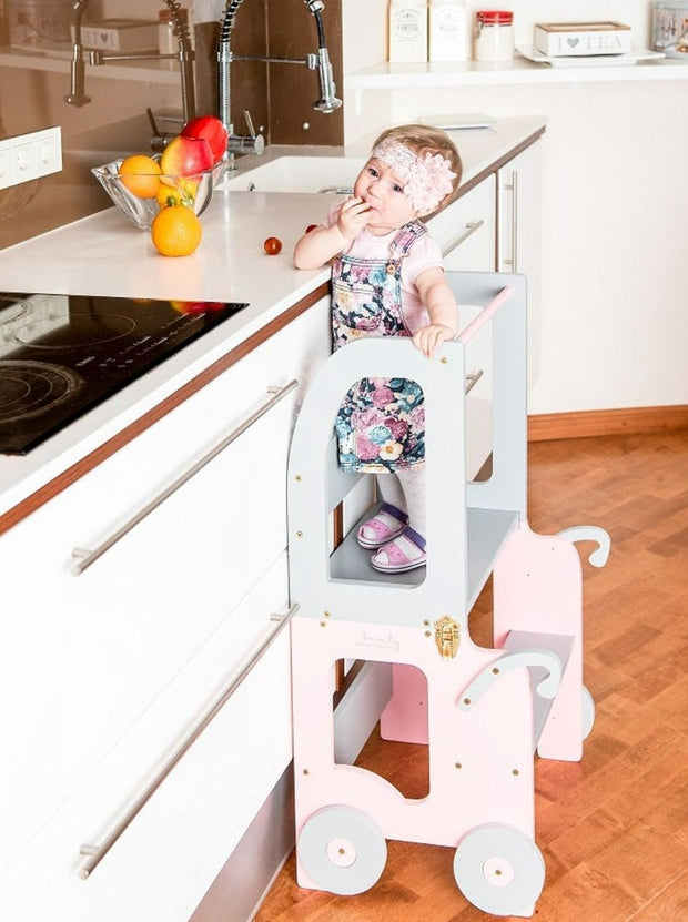 The Wheely Fun Tower convertible learning tower kitchen helper toddler step stool grey pink