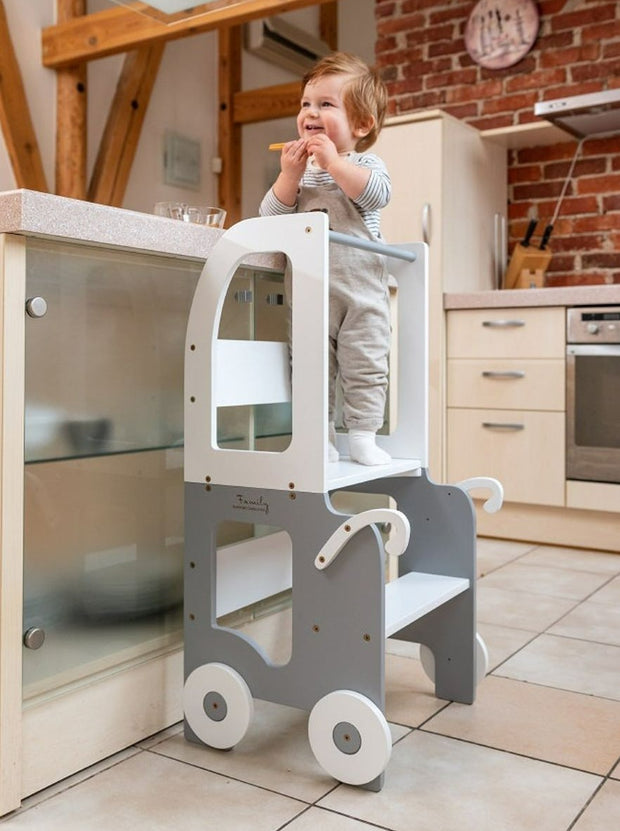 The Wheely Fun Tower convertible learning tower kitchen helper toddler step stool white grey