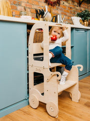 The Wheely Fun Tower convertible learning tower kitchen helper toddler step stool natural wood