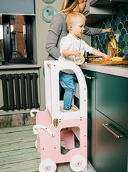 The Wheely Fun Tower convertible learning tower kitchen helper toddler step stool white pink